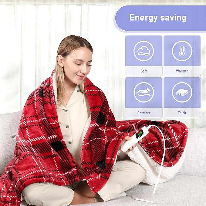 Electric Blanket Heated Twin, Soft Flannel 62"x84" Plaid Heating Blanket with 8 Hours Auto Off 10 Fast Heating Levels Machine Washable Sherpa Heated Blanket with Overheating Protection