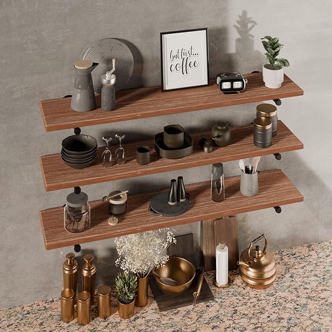 IEO Floating Shelves for Wall Shelf 48 inches Long 11.8" Extra Width Farmhouse Bathroom Decor Bedroom Kitchen Shelves Living Room Wall Mounted Set of 3, Rustic Brown Soild Wood