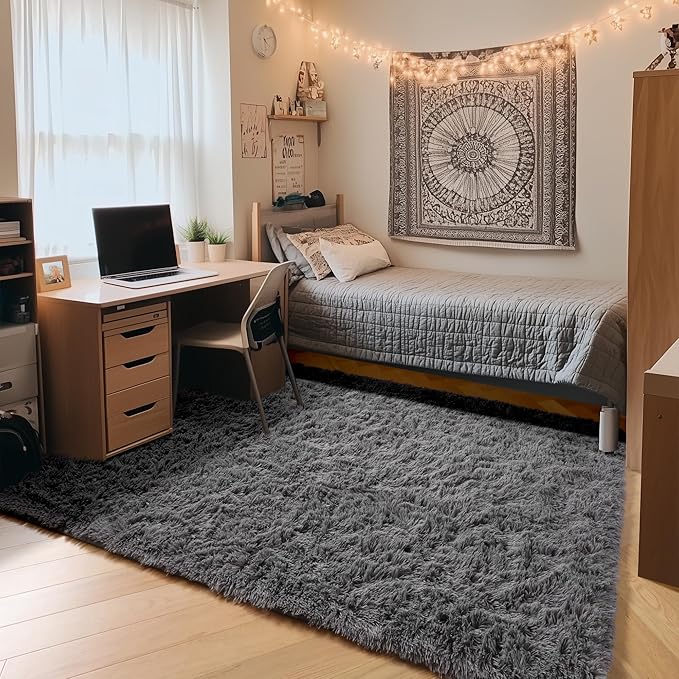 ONASAR Grey Area Rugs for Bedroom Living Room, Fluffy Fuzzy Shag Shaggy 4x6 Bedside Rug, Gray Washable Soft Plush Indoor Floor Carpet for Nursery Kids Girls Boys Teen Dorm Home Office Decor Aesthetic