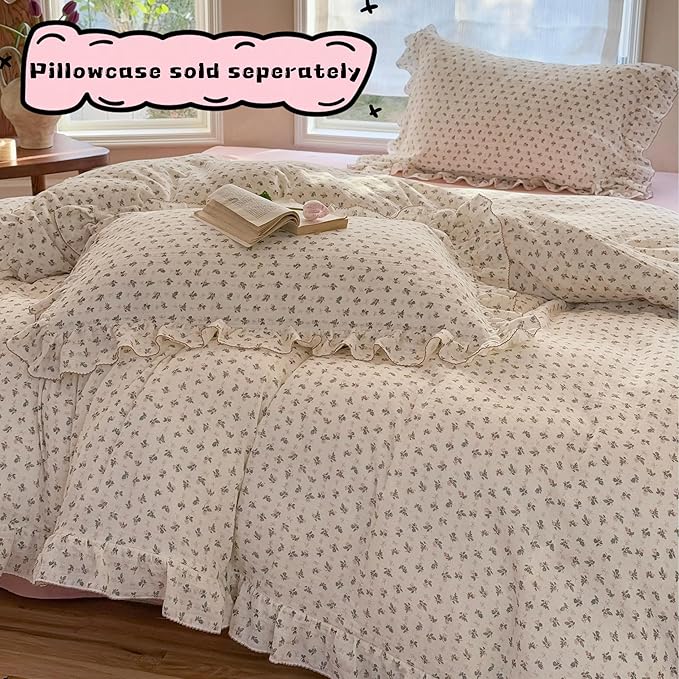 BuLuTu Muslin Cotton Duvet Cover Full, Teens Kids Ruffles Comforter Cover, Chic Shabby Pink Bellflower Print Quilt Covers 79"x90", Zipper Closure, No Pillow Case, Machine Wash
