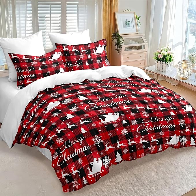 Christmas Duvet Cover King Size Red Black Gingham Bedding Set Kids Boys Girls Christmas Deer Pattern Soft Warm Comforter Cover 3 Pieces with Zipper Closure (No Comforter)