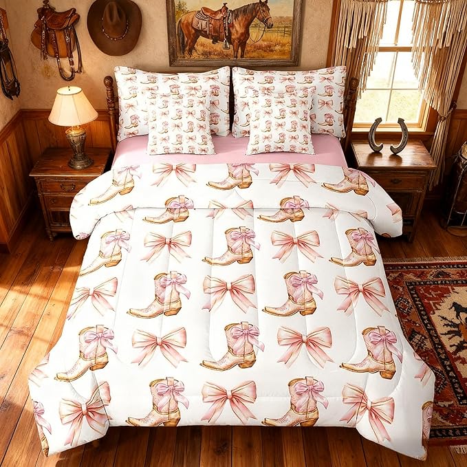 7 Pieces Western Cowgirl Comforter Set Full,Pink Bowknot Cowgirl Boots Rustic Farmhouse Bedding Set,Bow Tie Geometric Patchwork Golden（Comforter+Fitted+Flat Sheet+2 Pillowcases+2 Throw Pillow Covers）