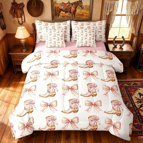 7 Pieces Western Cowgirl Comforter Set King,Pink Bowknot Cowgirl Boots Rustic Farmhouse Bedding Set,Bow Tie Geometric Patchwork Golden（Comforter+Fitted+Flat Sheet+2 Pillowcases+2 Throw Pillow Covers）