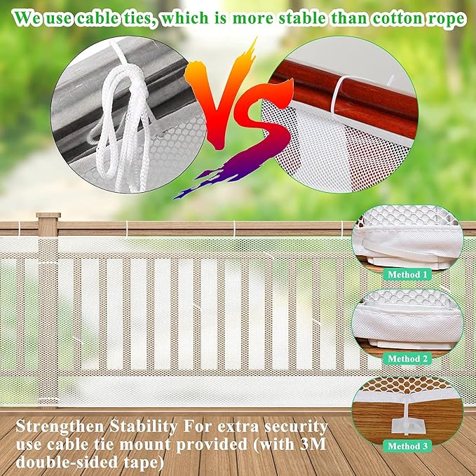 Child Safety Net, Durable Banister Guard for Baby Safety Stairs Railing Balcony Cribs, Banister Stair Mesh Baby Proofing, Easy to Install Stair Netting for Kids, Pets, Toys - (10ft Lx3ft H) Black