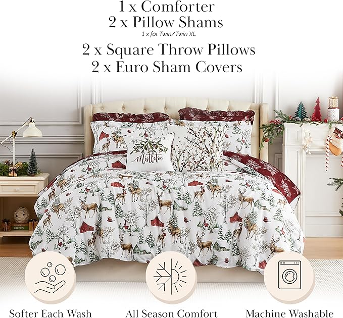 Southshore Fine Living, Inc. 7-Piece Reversible Christmas Comforter Set Queen/Full, Farmhouse Christmas Bedding Queen, Holiday Bedding, 4 Shams, 2 Throw Pillows- White Christmas