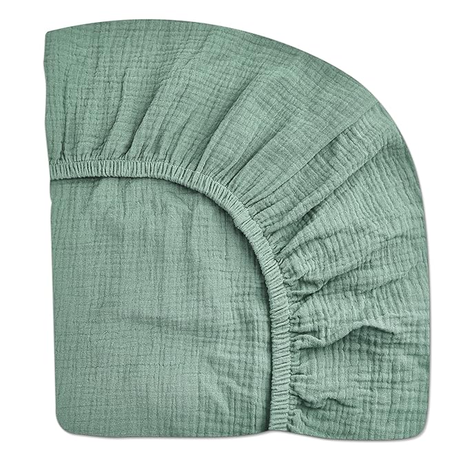 Mini Crib Sheets for Baby, Fitted Pack N Play Mattress and Mini Cribs 24" x 38", Neutral Muslin Cotton Mini Crib Mattress Sheet with Boho Style, Soft and Breathable Comfort (Roman Green)