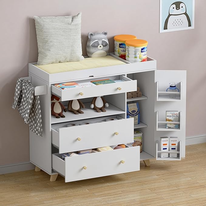 PAKASEPT Nursery Dresser with Baby Changing Table, Modern Diaper Changing Station, Dresser for Nursery with 2 Drawers & Shelves, Storage Crib with Changing Table, White