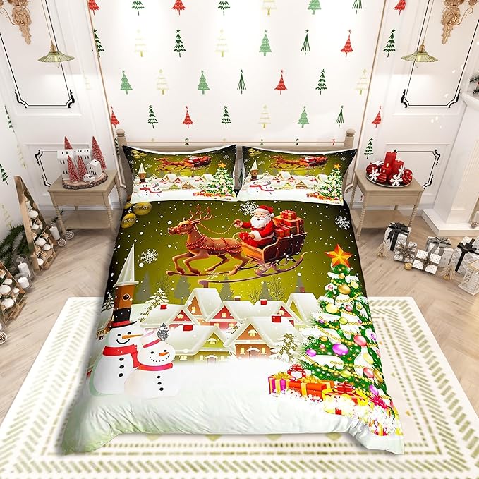 Manfei Christmas Duvet Cover Set Twin Size, Xmas Tree Snowman Comforter Cover with 1 Pillowcase, Santa Claus with Deer Bedding Set for Kids Boys Girls New Year Theme Bedspread Cover, No Comforter