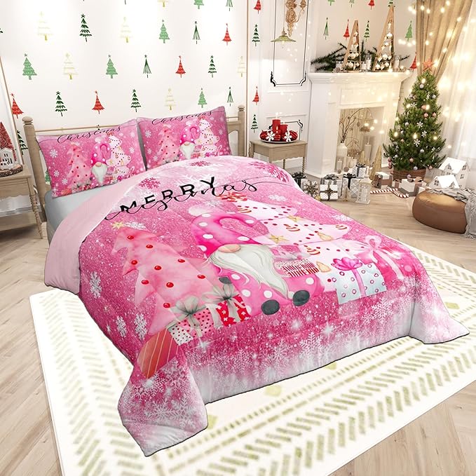 Castle Fairy Girly Christmas Full Size Comforter Set,Pink Gnome Xmas Pine Trees Gift Bedding Comforters Bedroom Collection,Snowflake Stars Glitter Sparkling Bedding Set for Girls Teens