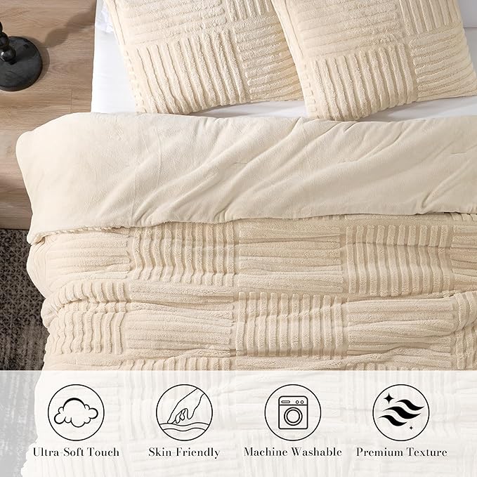 Amélie Home Queen Comforter Set with Stripe Jacquard Design in Khaki, Super Warm Fluffy Plush Bedding Set for Winter, 3 Pieces Including 1 Soft Comforter and 2 Pillowcases