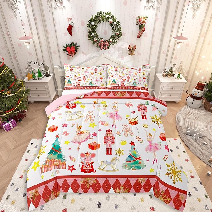 Feelyou Christmas Comforter Set All Season Ballet Nutcracker Bedding Set with 2 Pillow Cases Snowflake Kids Full Bedclothes Bedroom Decor Duvet Quilt Breathable Soft Lightweight