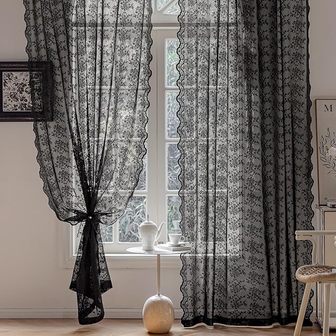 Anmao Vintage Lace Kitchen Curtains 36 Inches Long 2 Panels, Romantic Semi Sheer Floral Over Sink Lacy Cafe Curtain, Elegant Window Short Small Drapes, 55W x 36L, Black