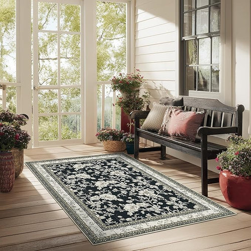 3x5 Black Floral Area Rug for Entryway Soft Washable Modern Boho Farmhouse Rug Non-Slip Taupe Beige Sketch Style Flower Vintage Aesthetic Carpet for Dorms, Bedroom, Office, Dining Room Door Mat 3x5