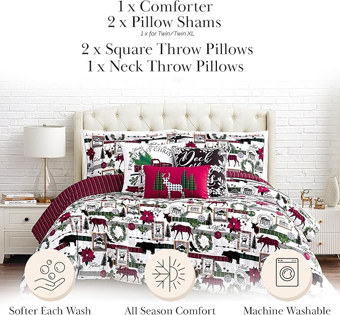 Southshore Fine Living, Inc. Merry Town Christmas Comforter Set, Queen/Full Size 6-Piece Christmas Bedding Set w/Shams & Throw Pillow; Reversible 2-Sided Red Plaid Comforter & Rustic Cabin Print
