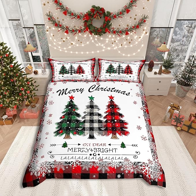 Manfei Xmas Tree Duvet Cover Set King Size, Merry Christmas Comforter Cover with 2 Pillowcases, New Year Theme Plaid Print Bedding Set 3pcs for Kids Boys Girls Bedroom Decor,No Comforter