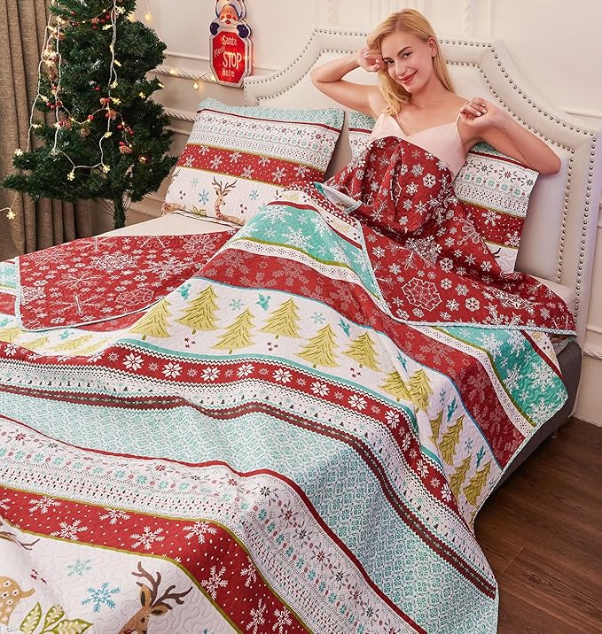 Christmas Bedding Set Twin Size Christmas Quilt Bedspread Xmas Bedding Reversible Christmas Quilt Coverlet Rustic Lodge Deer Snowflake Bedding Cabin Home Holiday Decor Xmas Quilt