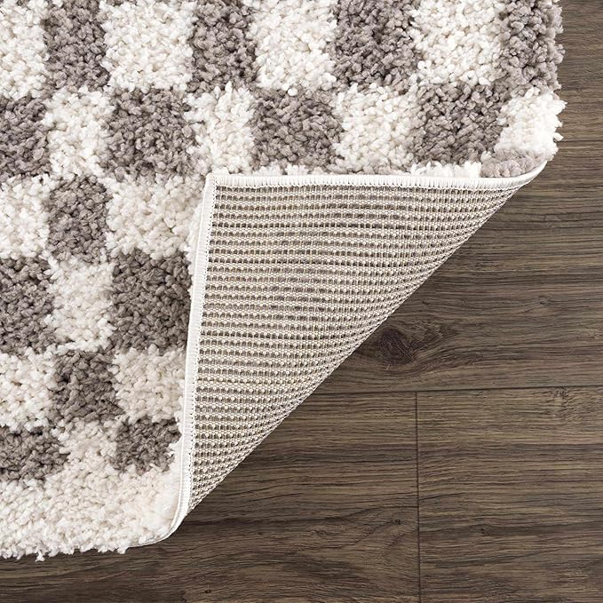 Hauteloom Kieu Contemporary Checkered Fluffy Shag Area Rug - Modern Geometric Soft Carpet Tiles for Living Room, Kids Room, Nursery - Light Gray, Taupe, Gray - 18" Sample
