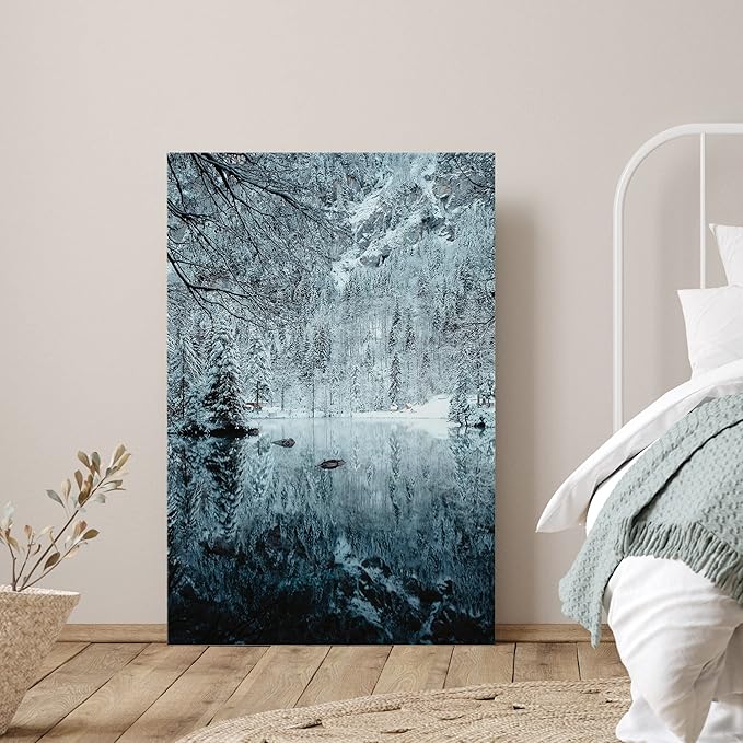 SIGNWIN Canvas Wall Art Woodland Nursery Decor Magical Winter Reflection Lake Nature Forest Photography Realism Rustic Scenic Dramatic Multicolor Cool for Living Room - 12"x18" inches