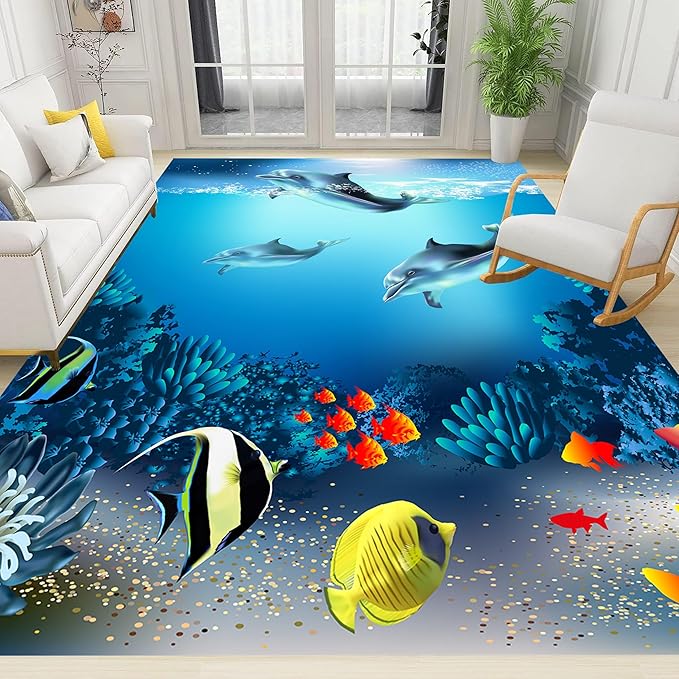 Sea Dolphin Indoor Area Mat, 5x8ft, Ocean Beach Coral Fish Bathroom Rug, Blue Ocean Theme Reduce Noise Home Decor Mat, Nursery Decor Washable Nonskid Carpet for Office Floor Sofa
