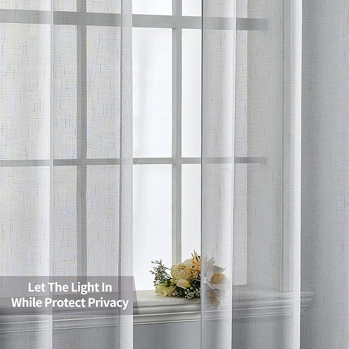 MIULEE 2 Panel Natural Linen Semi Sheer Window Curtains - Elegant Solid Light Grey Drapes with Grommet Top - Voile Panels for Bedroom & Living Room (52X90 Inch)