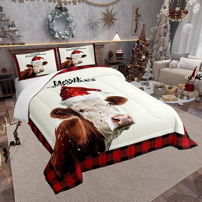 Xmas Cow Cattle Animal Bed Comforter Set Queen Size,Christmas Farmhouse Super Soft Microfiber Bedding Set for Girls Boys,Vintage Cabin Red Plaid Decorative Quilter Set