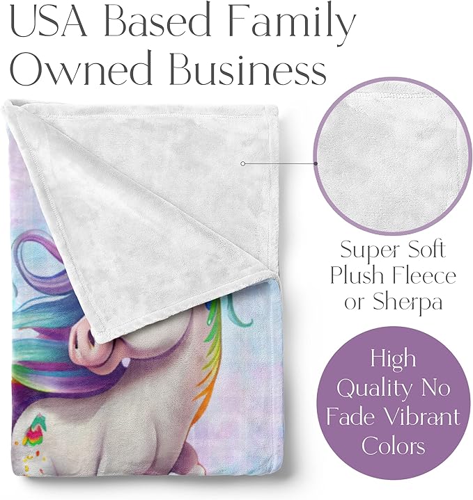 Personalized Baby Unicorn Throw Blanket for Girls with Custom Name, Prancing Pony with Rainbow Mane and Tail, Cute Nursery Room Decor, Soft Plush Toddler Bedding for Babies, (Fleece 50x60)