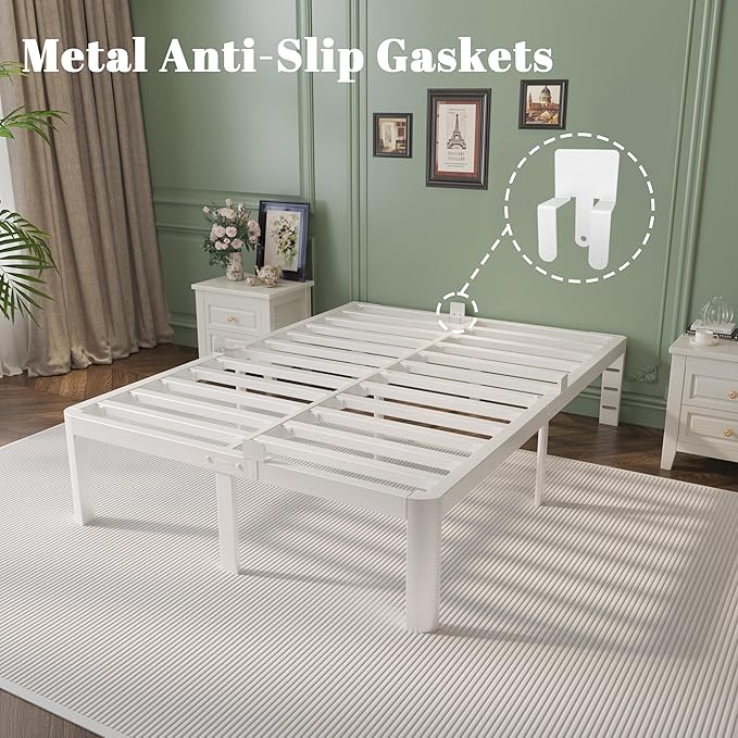 Full Size Bed Frame 16 Inch White, Metal Full Bed Frame with Baffles, No Box Spring Needed, Heavy Duty Steel Platform Supprt, Rounded Corner Design, Reserved Holes, Noiseless, Storage Space