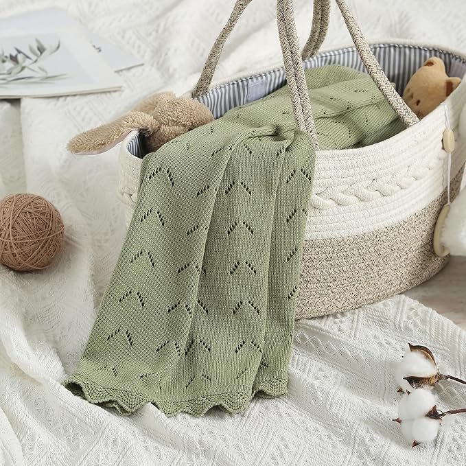 Baby Blanket 100% Cotton Knit Swaddle Soft Newborn Receiving Blanket Cozy for Boy/Girl Crib,Stroller Green 40x30in