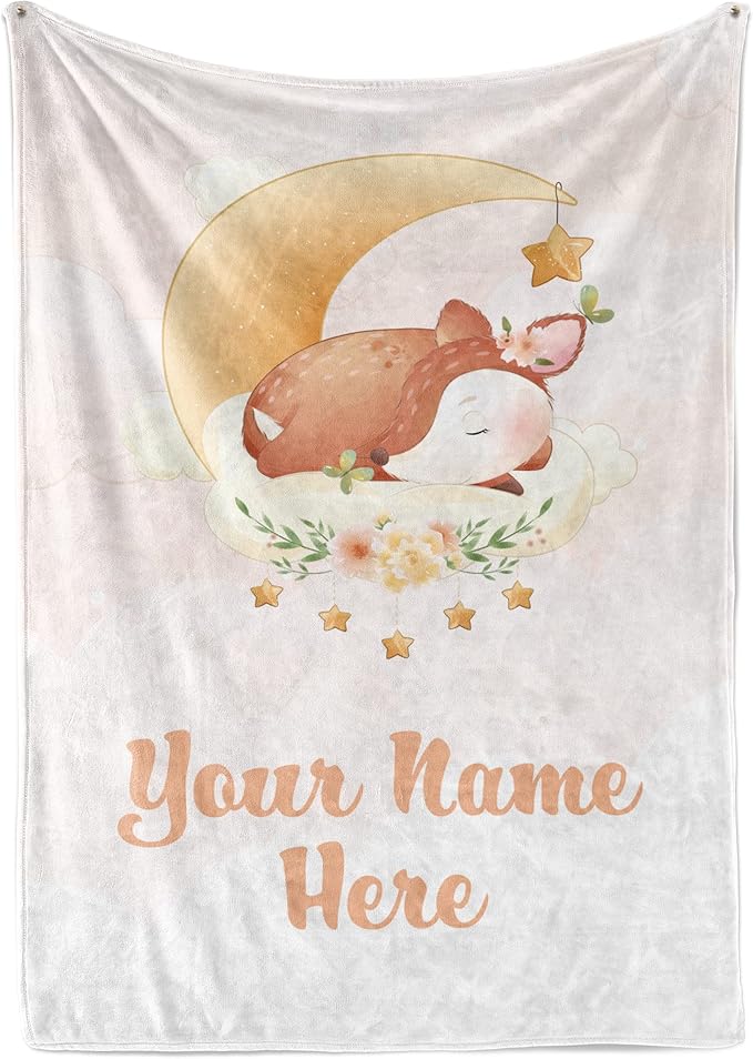 Personalized Baby Blankets with Name | Custom Deer Blanket for Girl and Baby Boy | Unisex Warm Soft Fleece Swaddle Blanket Minky | (Fawn, Fleece 60"x80")