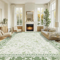 Sage Green and Cream Rug 10x14 Living Room Machine Washable Area Rugs Vintage Boho Farmhouse Sketch Style Floral Extra Large for Bedroom Non Slip Soft Carpet for Dining Room Playroom Floor Covering