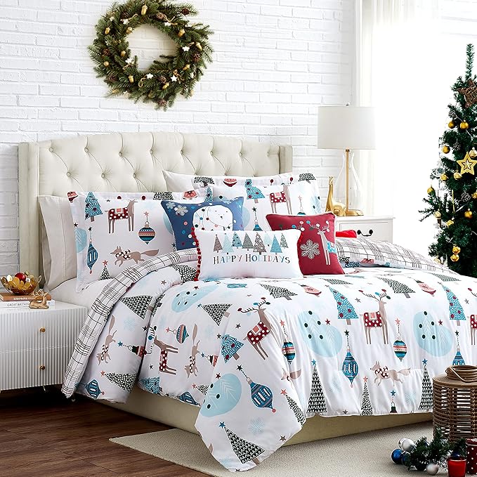 Southshore Fine Living, Inc. 6-Piece Oversized Christmas Bedding Cal King/King, Reversible Christmas Comforter Set King w/Shams and Throw Pillows, Reindeer Print, Red Plaid - Winter Wonderland
