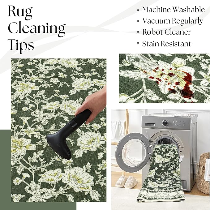 Olive Green Floral Print Area Rugs for Bedroom Living Room Boho Farmhouse Country Rustic Dining Room Carpet Soft Washable Rugs Non Slip Floor Covering for Nursery Playroom 2x6
