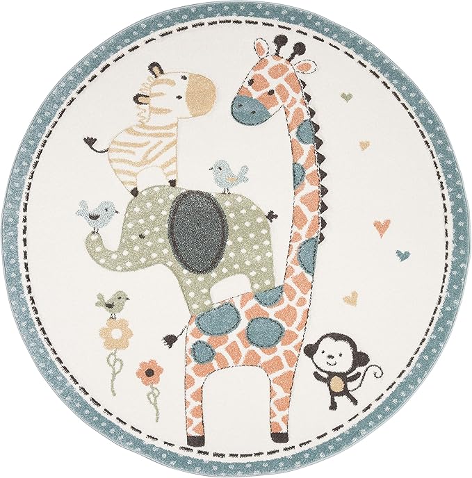 SAFAVIEH Carousel Kids Collection Area Rug - 5'3" Round, Ivory, Animal Design, Non-Shedding & Easy Care, Ideal for High Traffic Areas for Boys & Girls in Playroom, Nursery, Bedroom (CRK120A)