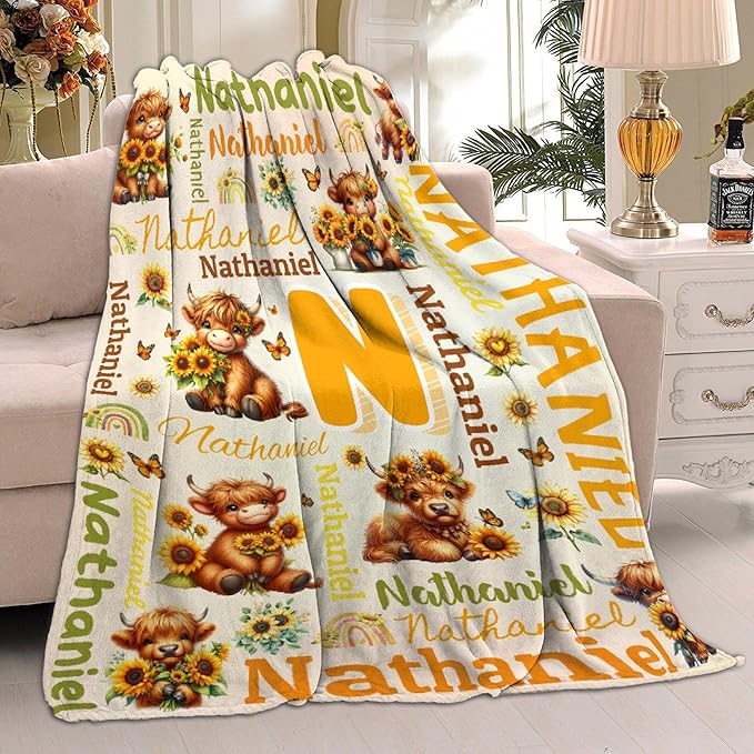 Personalized Custom Sunflower Highland Cow Blanket Gifts for Kids Boys Girls with Name - Customized Sunflower Highland Cow Super Soft Fuzzy Flannel Sheets Decor for Crib Nap Couch - 50"x60" for Teens
