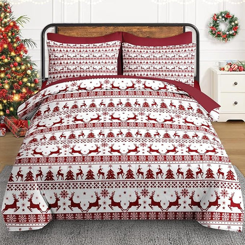 7 Pcs Queen Size Christmas Comforter Set with 2 Pillowcases & 2 Shams, Red Winter Funny Reindeer Bedding for Kids and Adults, Pine Tree Snowflake Bed in a Bag with Flat Fitted Sheet