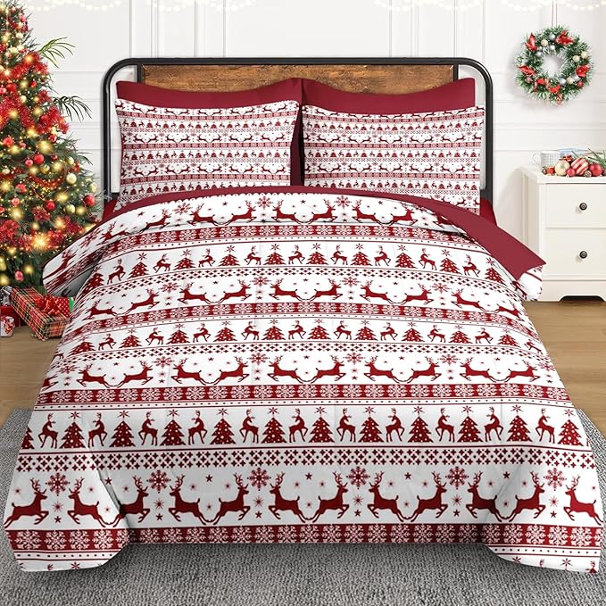 7 Pcs Full Size Christmas Comforter Set with 2 Pillowcases & 2 Shams, Red Winter Funny Reindeer Bedding for Kids and Adults, Pine Tree Snowflake Bed in a Bag with Flat Fitted Sheet