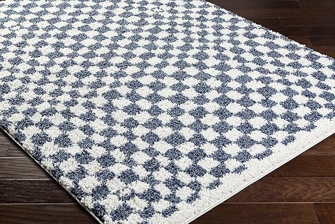 Hauteloom Kieu Contemporary Checkered Fluffy Shag Area Rug - Modern Geometric Soft Carpet Tiles for Living Room, Kids Room, Nursery - Blue, White - 7'10" x 10'