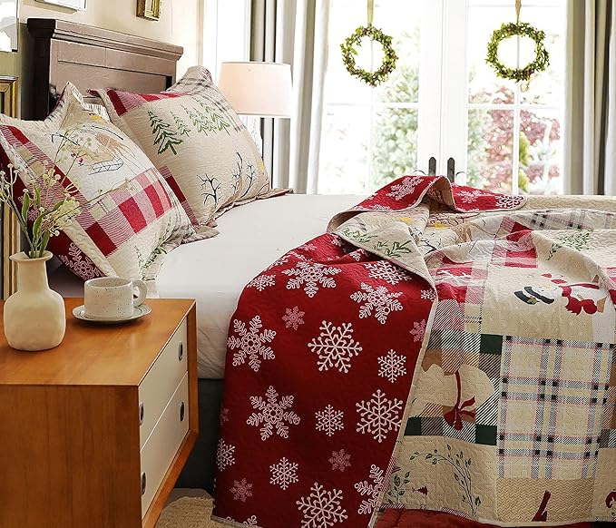 Christmas Bedding Set King Size Quilt Bedspread Holiday Xmas Buffalo Plaid Patchwork Rustic Cabin Bedding Lightweight Reversible Coverlet Home Decor