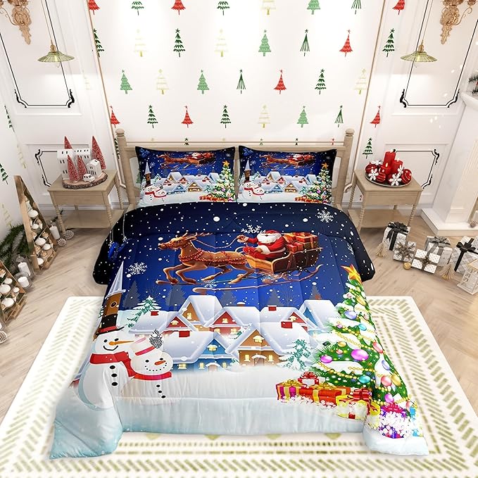 Manfei Christmas Comforter Set King Size, Snowman Xmas Tree Print Bedding Set 3pcs for Kids Boys Girls Room Decor, Santa Claus with Reindeer Down Comforter New Year Duvet Insert with 2 Pillowcases