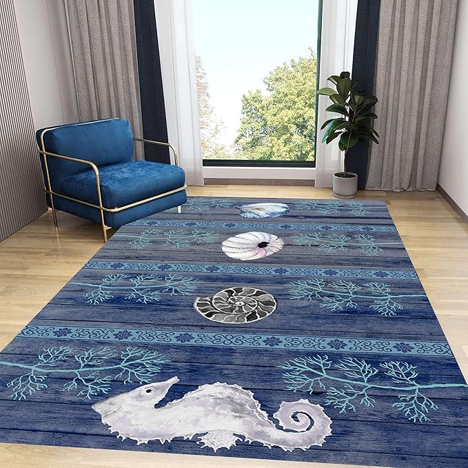 Nautical Living Room Rug, 8x10ft, Ocean Theme Conch Shell Seahorse Indoor Rugs, Beach Waterweed Kitchen Decor Mats, Durable Shed Resistant Cozy Easy Clean Carpet for Bedroom Family