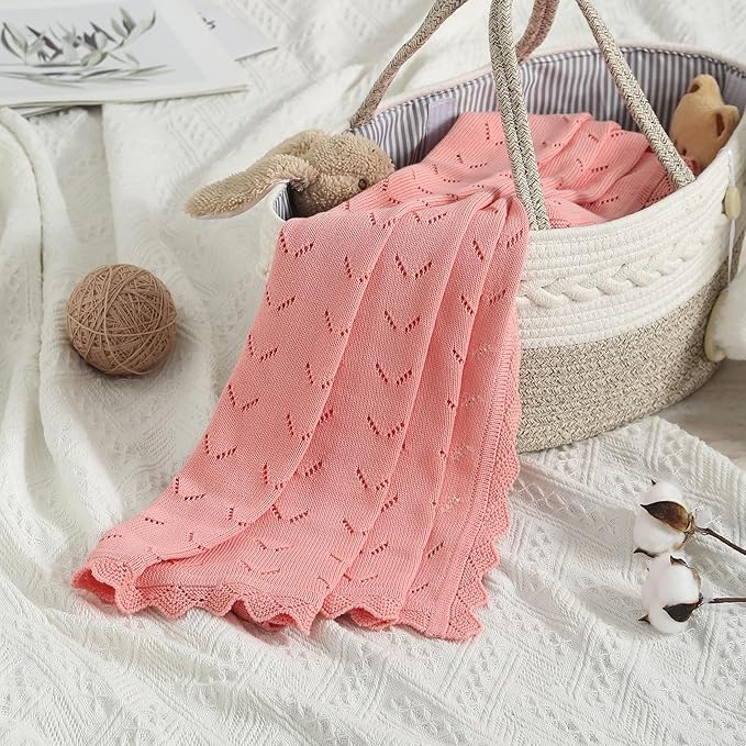 Baby Blanket 100% Cotton Knit Swaddle Soft Newborn Receiving Blanket Cozy for Boy/Girl Crib,Stroller Pink 40x30in