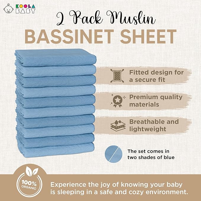 Bassinet Fitted Sheets - Compatible with Halo Bassinest Swivel Sleeper | 100% Organic Muslin Cotton - Light Blue + Dark Blue | 30x16 (2 Pack)