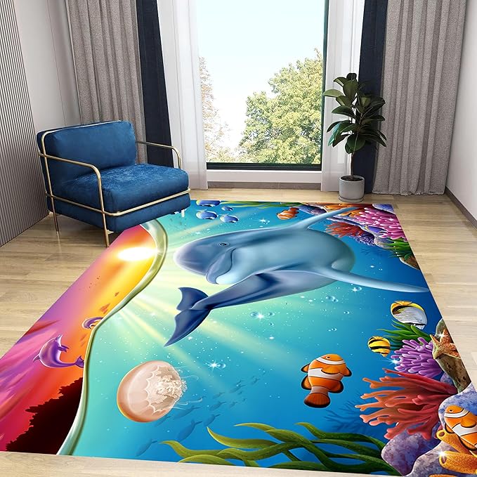 Blue Dolphin Area Rug for Bedroom, 6x9ft, Undersea Ocean Animal Print Indoor Carpet, Beach Tropical Fish Home Decor Playing Mat, Low Pile Breathable Non Shedding Rugs for Kids Room