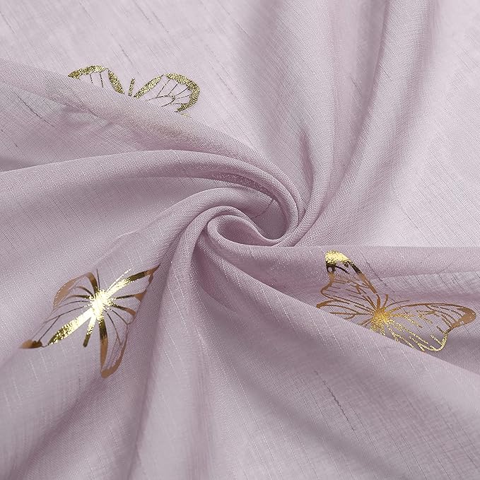 Jubilantex Butterfly Sheer Curtain Panels for Baby Girls Bedroom, Toddler Gold Print Linen Rod Pocket Voile Drapes 84 Inch for Kids Room Living Room, Lavender/Lilac Purple, 2 Panels