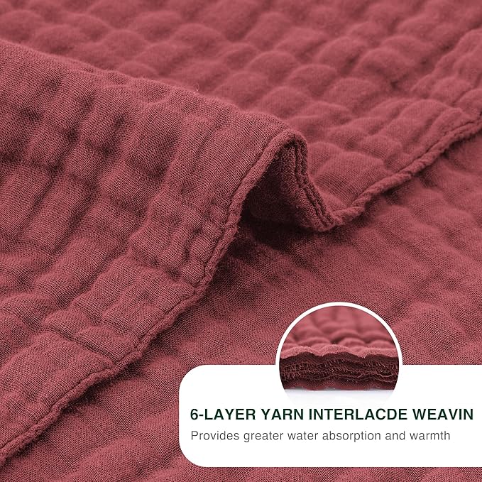 Love's cabin 6 Layer 100% Cotton Muslin Blanket, 90"x90" Muslin Blanket Queen for Couch Bed, Lightweight and Breathable Cotton Gauze for Adult, Wine Red