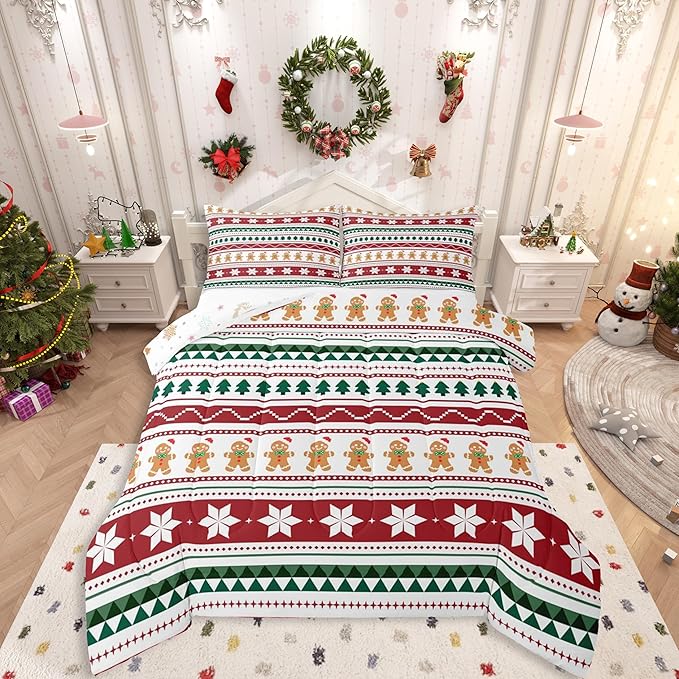Feelyou Merry Christmas Bedding Set Soft for Boys Girls, Gingerbread Man Comforter Set Full Size Duvet Quilt Microfiber Striped Bedroom Decor 3 Pcs with 2 Pillow Cases