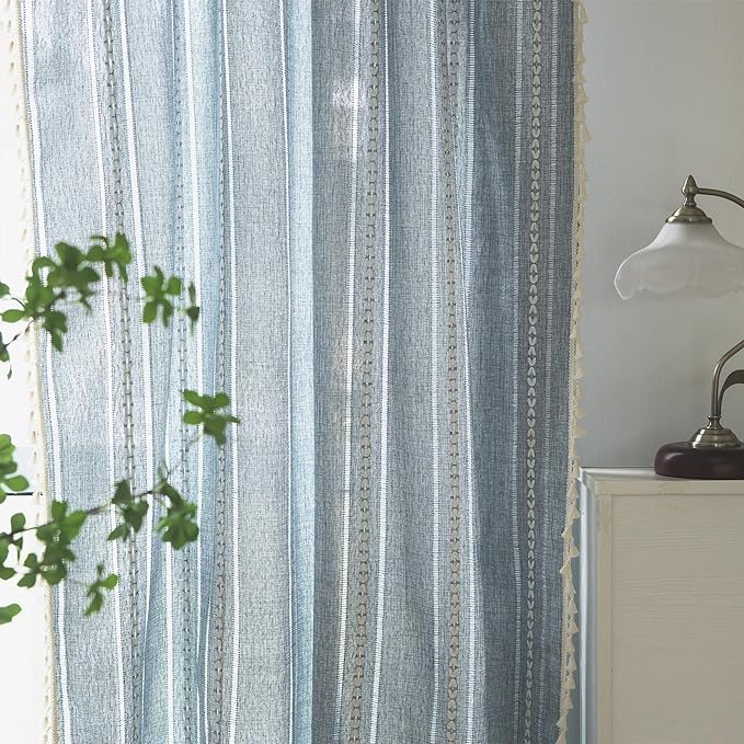 Deeprove Blue Boho Curtains 96 Inches Long for Bedroom Living Room Kitchen, Bohemian Chic Textured Embroidery, Vintage Handmade Tassels Farmhouse Decor Drapery, Rod Pocket, 1 Panel W52 x L96
