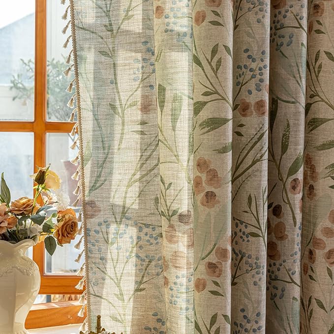 ENJOYBRIDAL Floral 84 Inch Curtains for Bedroom Decor Drapes Floor Length Semi Sheer Rod Pocket Living Room Window Curtain Panels Light Filtering Boho 4 Panels Tassel Vintage Window Treatments