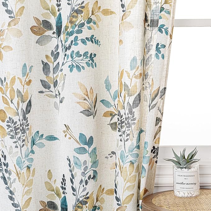 MYSKY HOME Bedroom Linen Look Semi Sheer Floral Curtains 63 inch Length 2 Panels for Kitchen Small Window Kids Room Decor Leaves Pattern Light Soften Privacy Drapes, Yellow and Blue, 2Pcs
