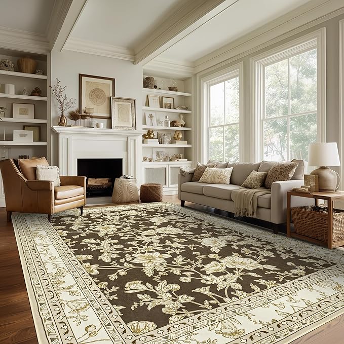 Brown Floral Print Area Rugs for Bedroom Living Room Boho Farmhouse Country Rustic Dining Room Carpet Soft Washable Rugs Non Slip Floor Covering for Nursery Playroom 5x7